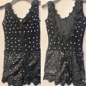 Glamour solo dance costume black mesh biketard bling bedazzled MA adult